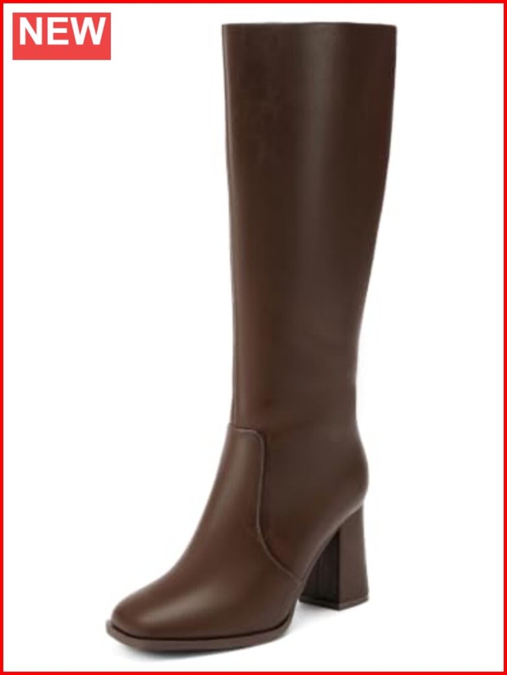 Wide Calf Knee High Boots Square Toe 3.5-Inch Chunky Heel Faux Leather